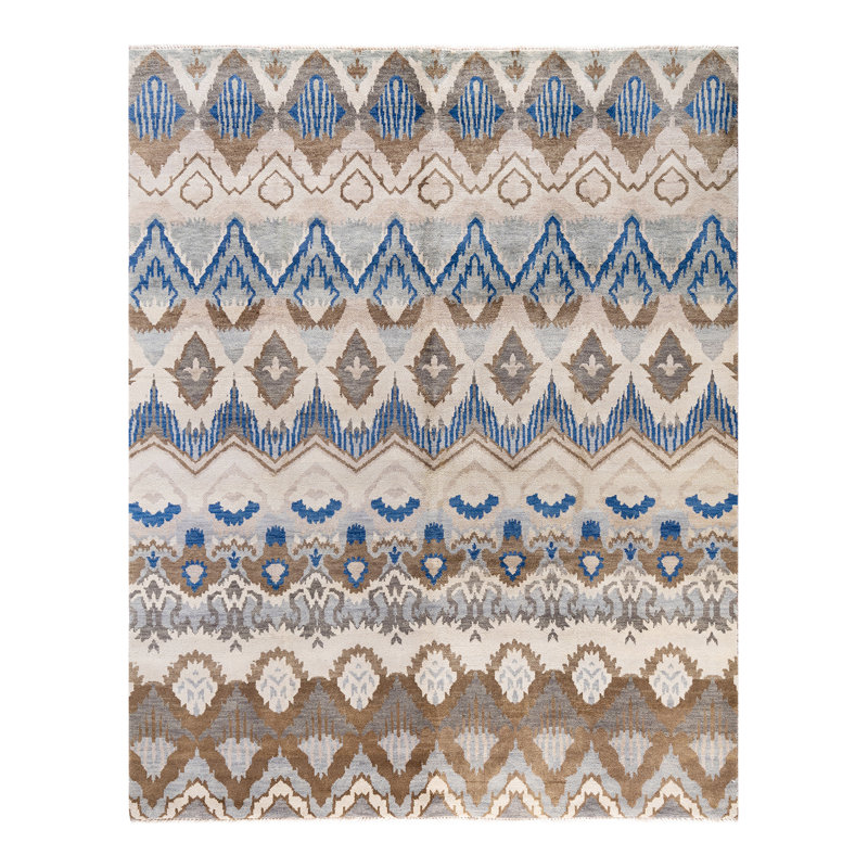 Handmade Beige and Blue Wool Medallion Area Rug, 8' x 9' 10"