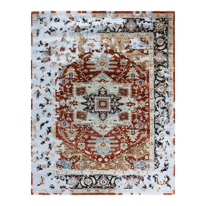 Hand-Knotted Red and Ivory Wool Silk Medallion Rug, 8' x 10'