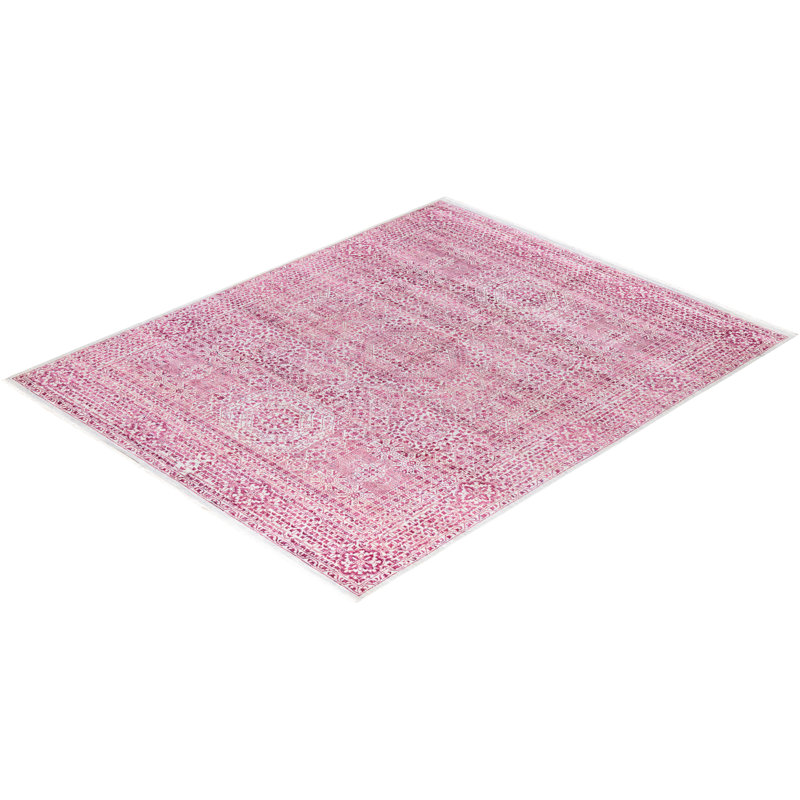 Handmade Pink and Gray Wool Silk Medallion Area Rug, 8' 1" x 10' 0"