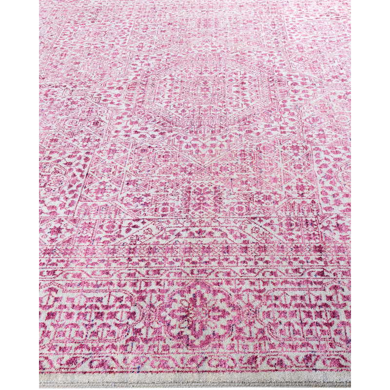 Handmade Pink and Gray Wool Silk Medallion Area Rug, 8' 1" x 10' 0"