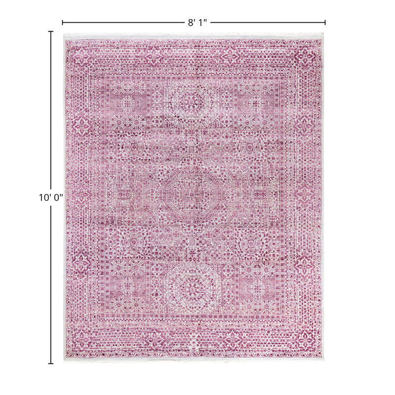 Handmade Pink and Gray Wool Silk Medallion Area Rug, 8' 1" x 10' 0"
