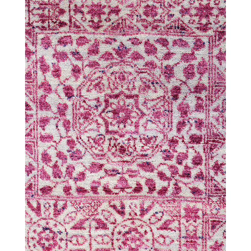 Handmade Pink and Gray Wool Silk Medallion Area Rug, 8' 1" x 10' 0"