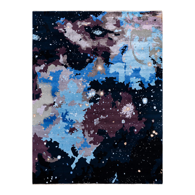 Hand-Knotted Black and Blue Wool Medallion Area Rug, 9' 3" x 12' 2"