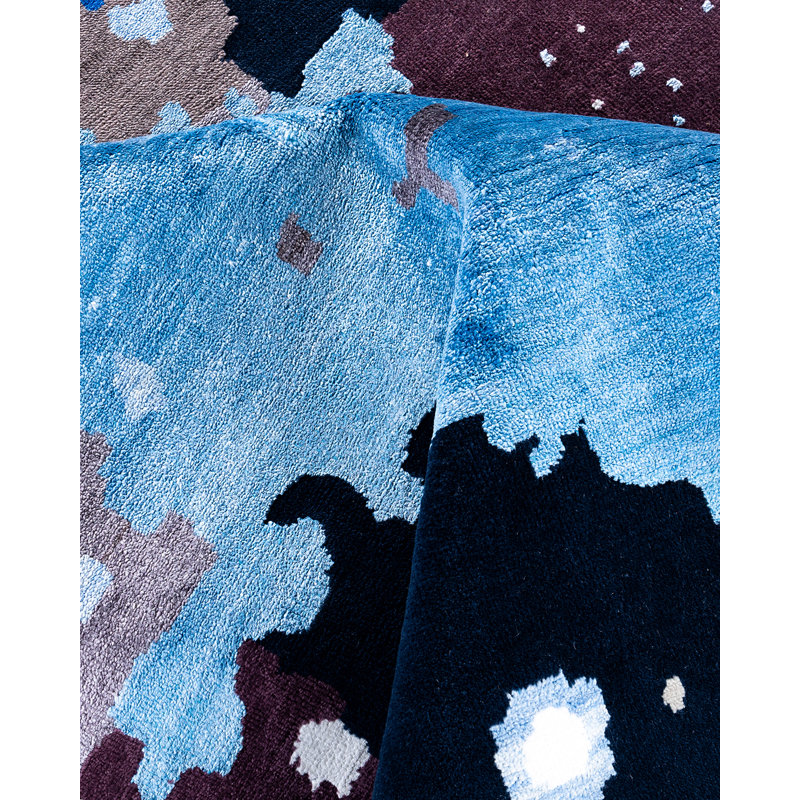 Hand-Knotted Black and Blue Wool Medallion Area Rug, 9' 3" x 12' 2"