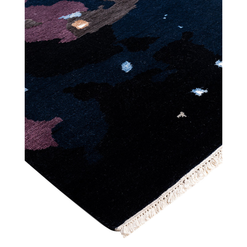 Hand-Knotted Black and Blue Wool Medallion Area Rug, 9' 3" x 12' 2"