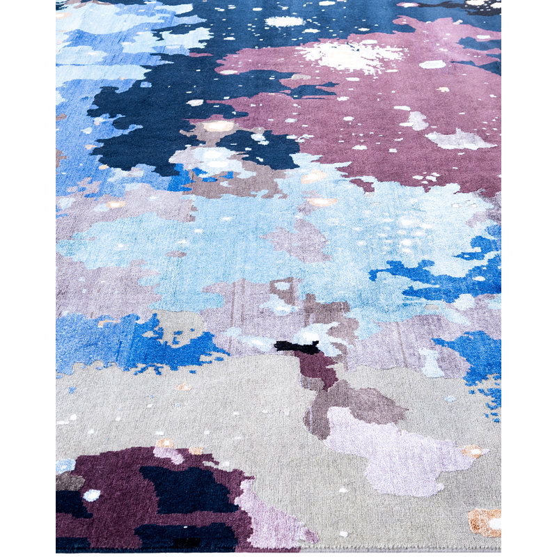 Hand-Knotted Black and Blue Wool Medallion Area Rug, 9' 3" x 12' 2"