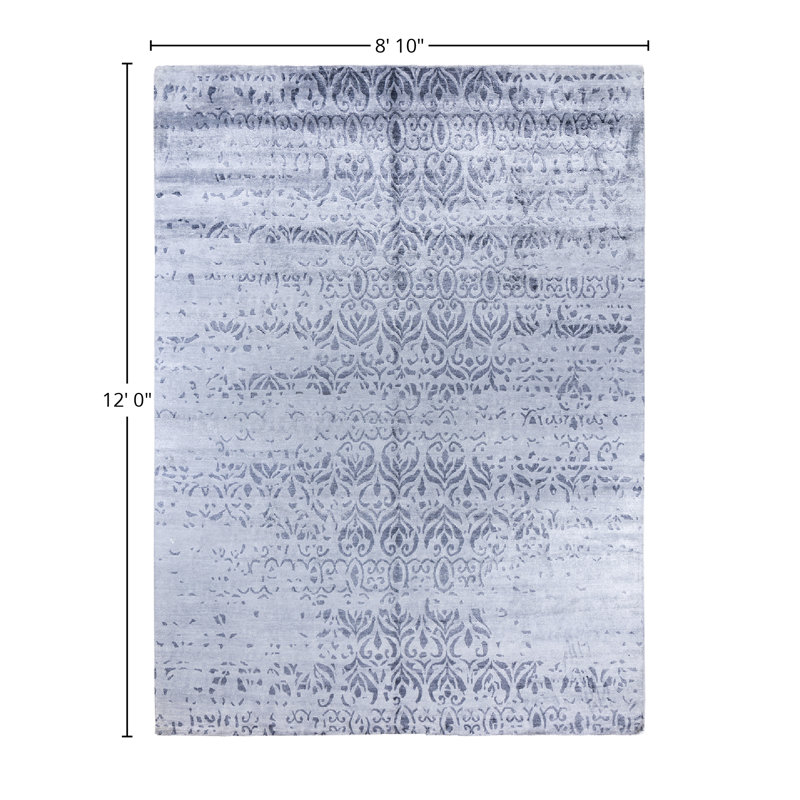 Gray Hand-Knotted Silk Rectangular Area Rug, 8' 10" x 12'