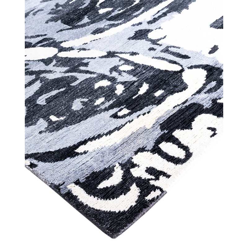 Blue Hand-Knotted Silk Rectangular Area Rug, 9' 1" x 12' 1"