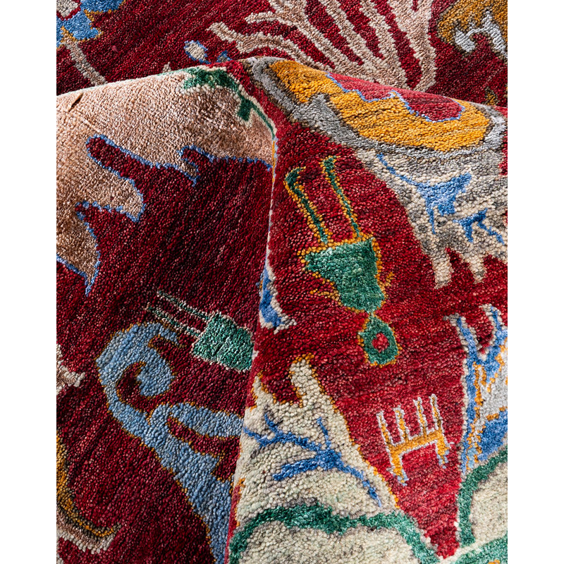 Luxurious Red Hand-Knotted Wool and Silk Area Rug, 8' 1" x 10' 1"