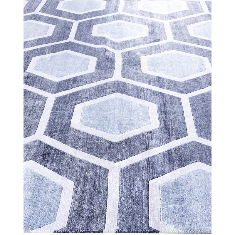 Gray and White Hand-Knotted Silk Rectangular Area Rug