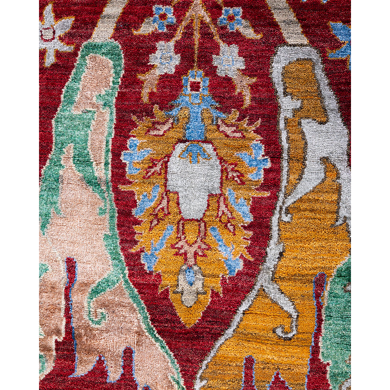 Luxurious Red Hand-Knotted Wool and Silk Area Rug, 8' 1" x 10' 1"