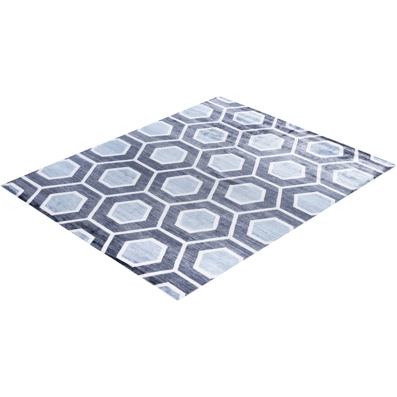 Gray and White Hand-Knotted Silk Rectangular Area Rug