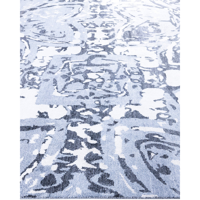 Blue Hand-Knotted Silk Rectangular Area Rug, 9' 1" x 12' 1"