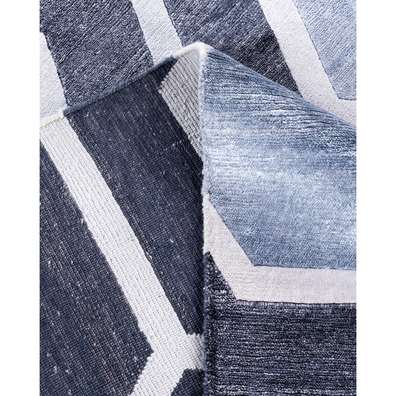 Gray and White Hand-Knotted Silk Rectangular Area Rug