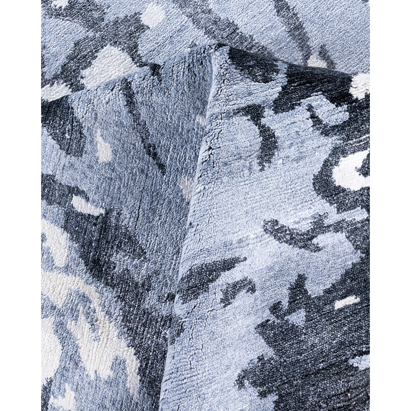 Blue Hand-Knotted Silk Rectangular Area Rug, 9' 1" x 12' 1"