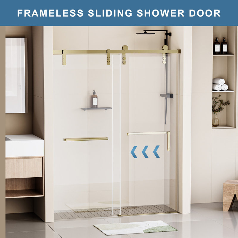 60" Gold Frameless Single Sliding Shower Door with Clear Tempered Glass