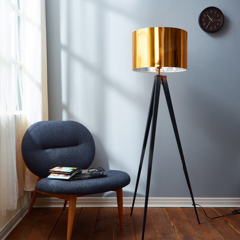 Elegant Black Tripod Outdoor Floor Lamp with Gold Drum Shade