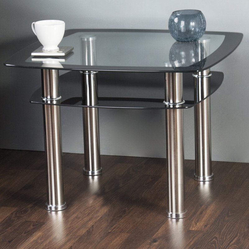 Modern Chrome Square End Table with Black Glass Shelf