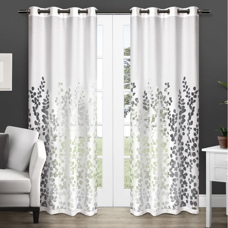 White Sheer Leaf Pattern Grommet Curtain Panels
