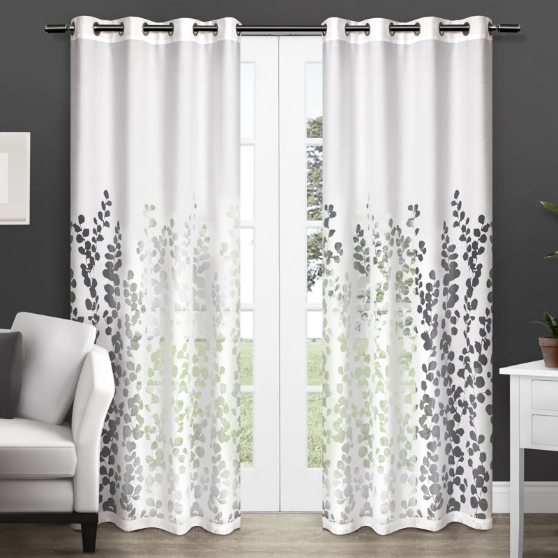 White Sheer Leaf Pattern Grommet Curtain Panels