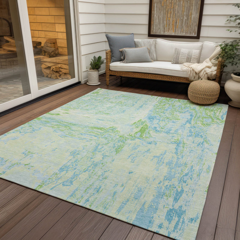 Mint and Blue Synthetic Washable Rectangular Rug 46" x 30"