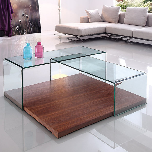 Kinetic Walnut Veneer Square Coffee Table with Clear Glass