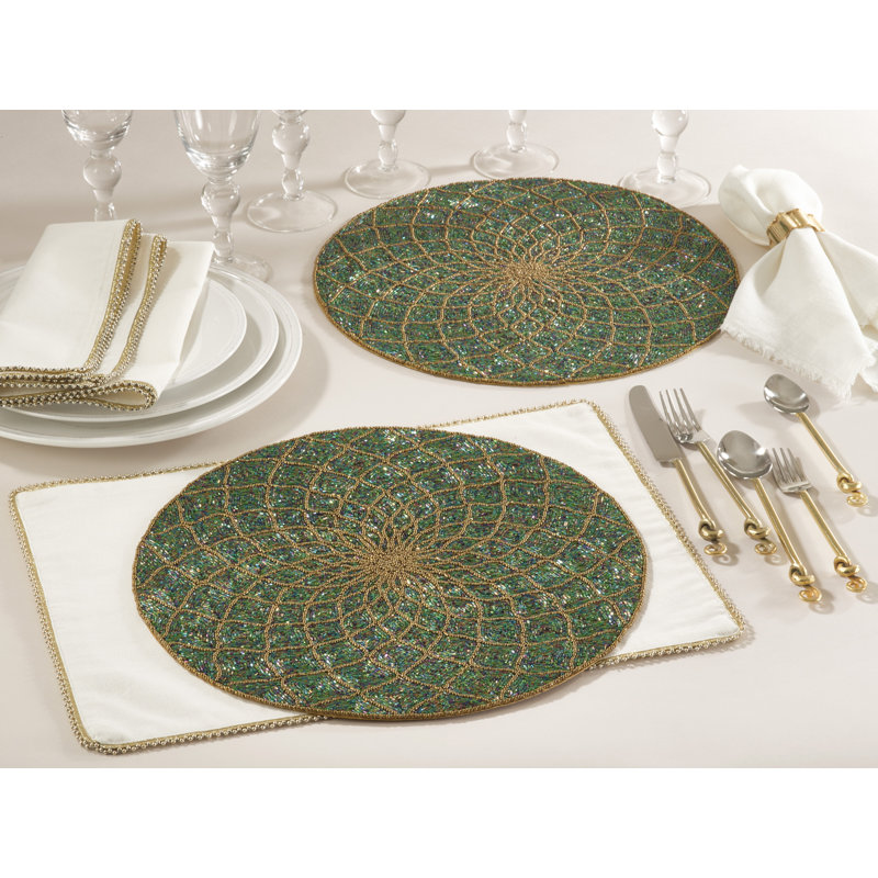 Teal and Gold Beaded Glass Round Placemats, Set of 4