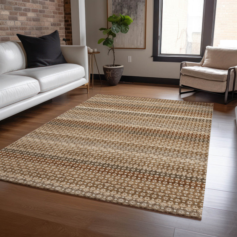 Rectangular Brown and Beige Synthetic Flat Woven Rug