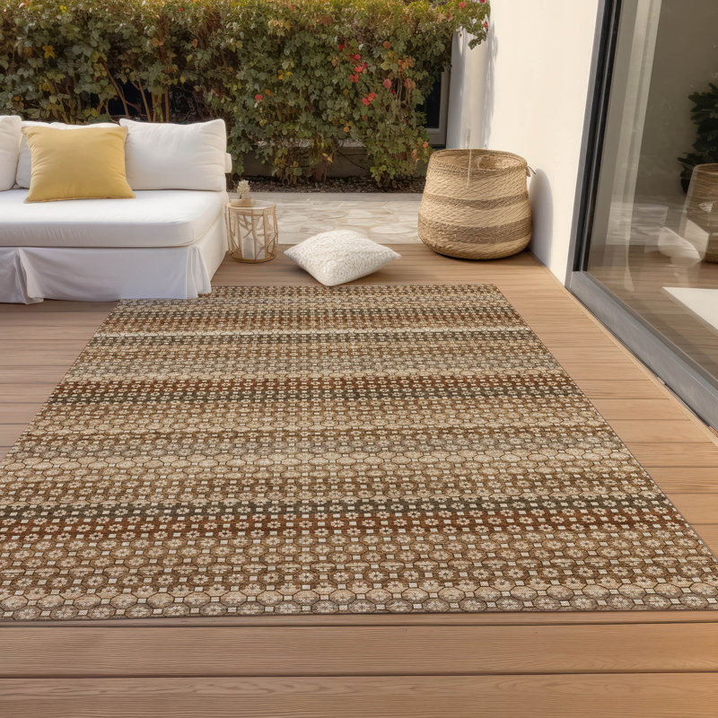 Rectangular Brown and Beige Synthetic Flat Woven Rug