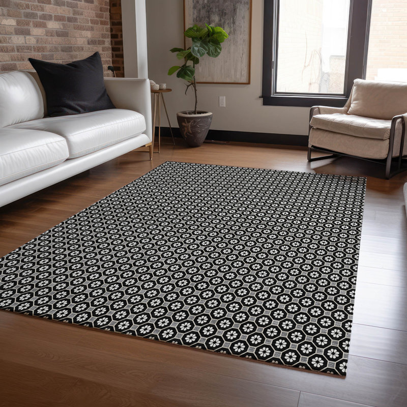 Black Synthetic Flat Woven 5' x 7' Washable Rug
