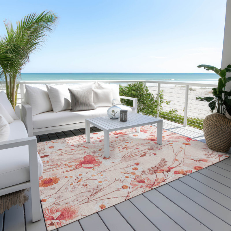9' x 12' Red Floral Synthetic Washable Rectangular Rug