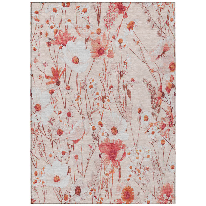 9' x 12' Red Floral Synthetic Washable Rectangular Rug