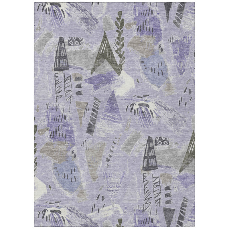Lavender Abstract Pattern Washable Synthetic 5' x 7' Rug