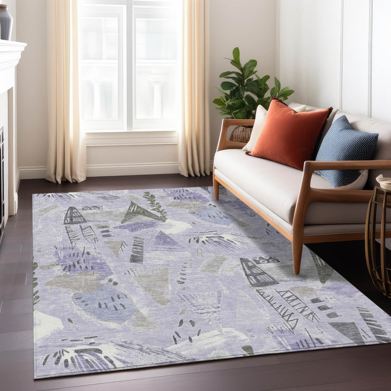 Lavender Abstract Pattern Washable Synthetic 5' x 7' Rug