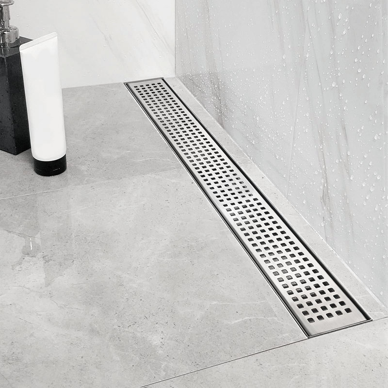 24-Inch Brushed Stainless Steel Linear Shower Drain with Square Pattern