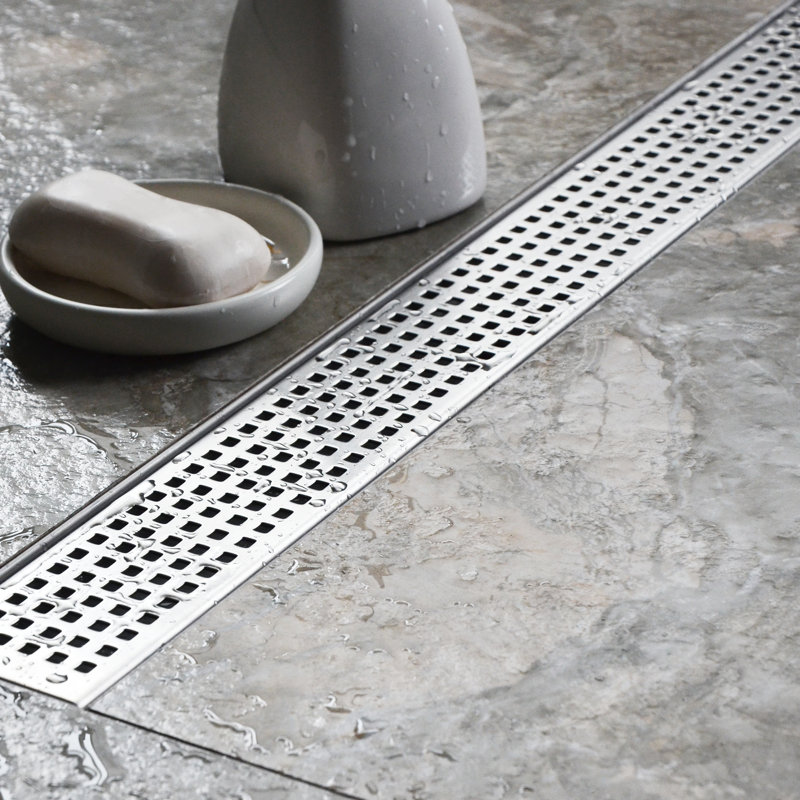 24-Inch Brushed Stainless Steel Linear Shower Drain with Square Pattern