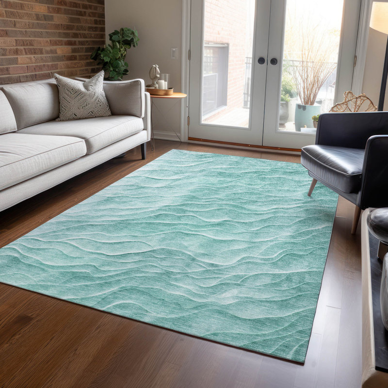 Aqua Flat Woven Synthetic Washable Rectangular Rug 3' x 5'