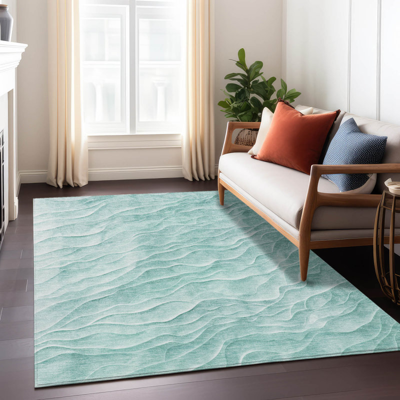 Aqua Flat Woven Synthetic Washable Rectangular Rug 3' x 5'