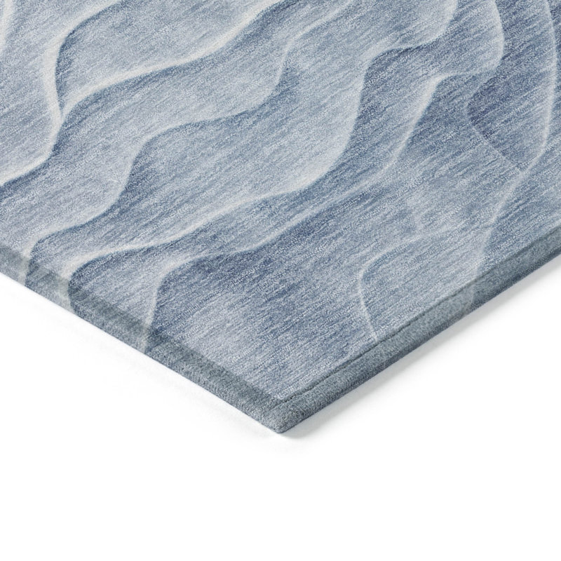 Blue Wave Pattern Washable Synthetic Rectangular Rug