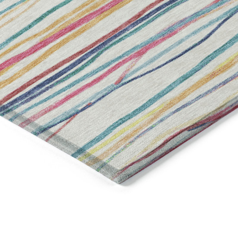 Red and Ivory Striped Washable Synthetic Rug, 2'3" x 7'6"