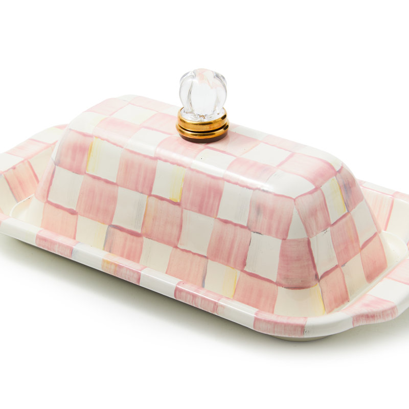 Pink and White Checkered Enamel Rectangular Butter Dish with Lid