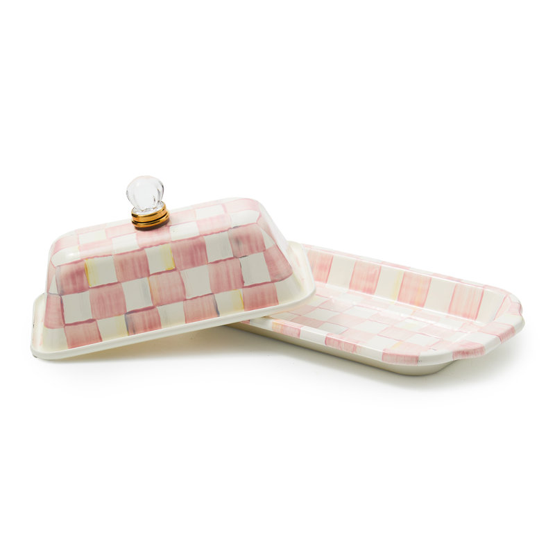 Pink and White Checkered Enamel Rectangular Butter Dish with Lid