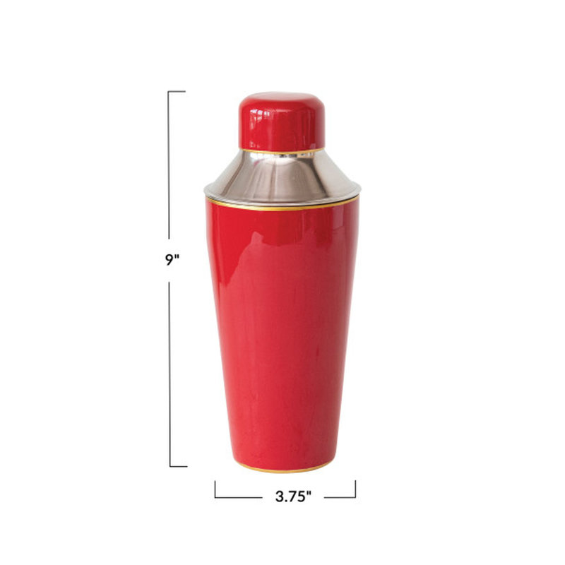 Red Enameled Stainless Steel Cocktail Shaker with Gold Rim