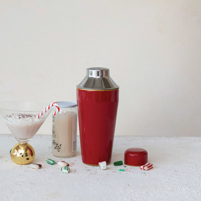 Red Enameled Stainless Steel Cocktail Shaker with Gold Rim