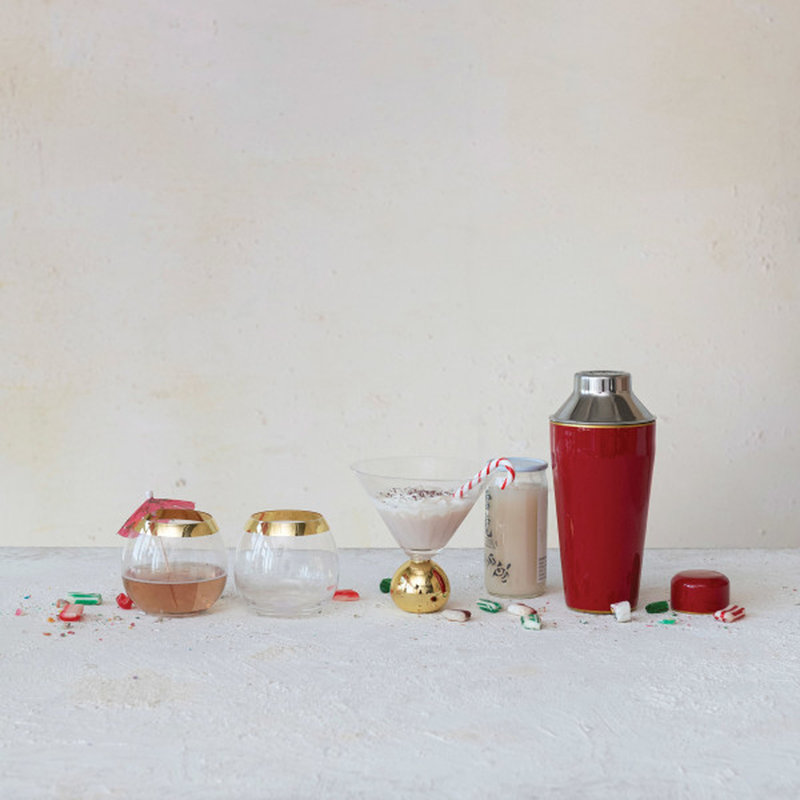 Red Enameled Stainless Steel Cocktail Shaker with Gold Rim