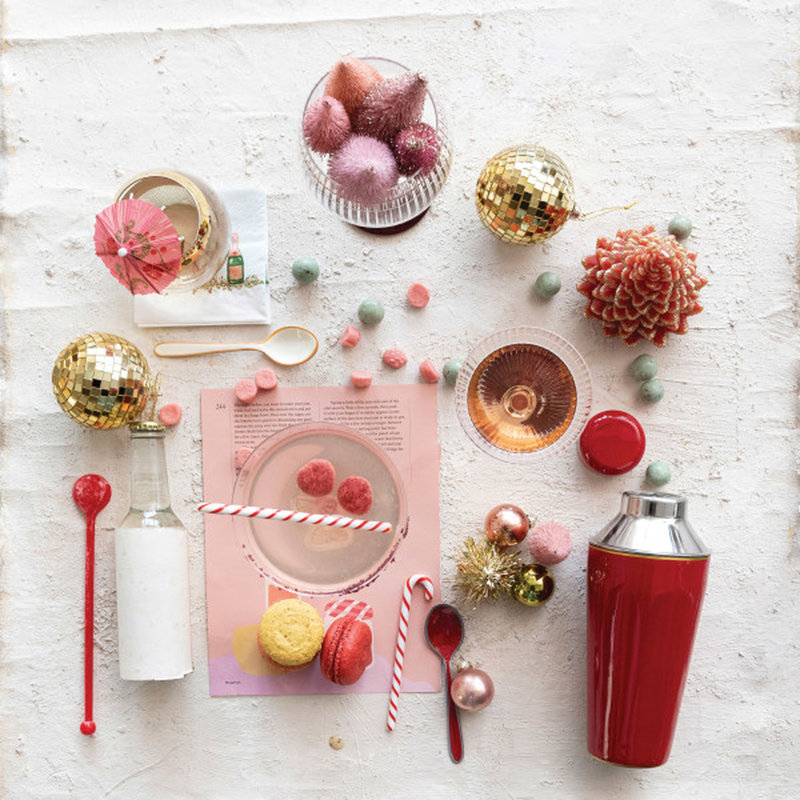 Red Enameled Stainless Steel Cocktail Shaker with Gold Rim