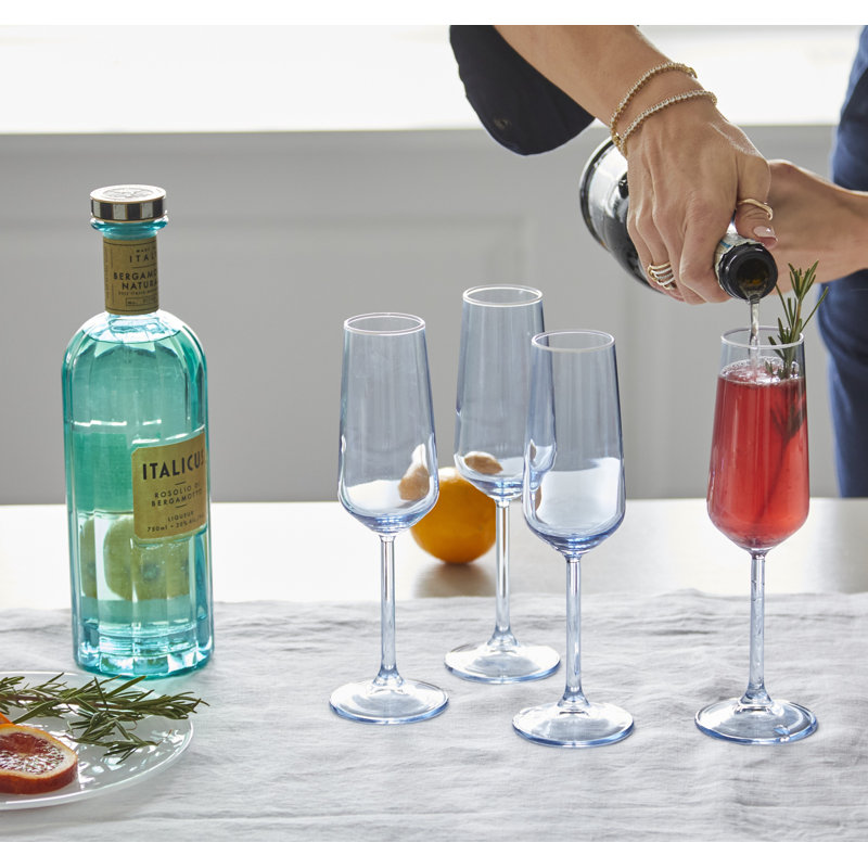 Light Blue Glass Champagne Flute Set with White Rim, 8oz, Set of 4