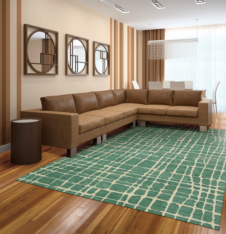 Handmade Turquoise Green Wool Rectangular Area Rug