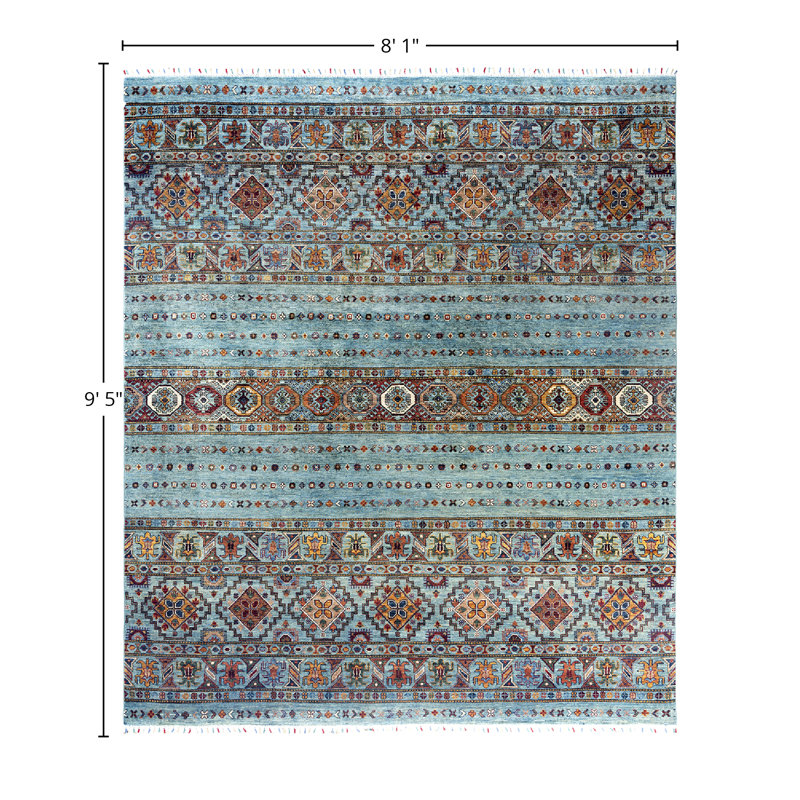 Hand-knotted Light Blue Wool Geometric Area Rug, 8'1" x 9'5"