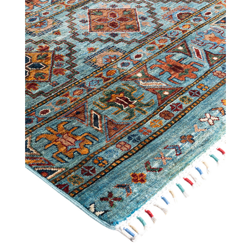 Hand-knotted Light Blue Wool Geometric Area Rug, 8'1" x 9'5"